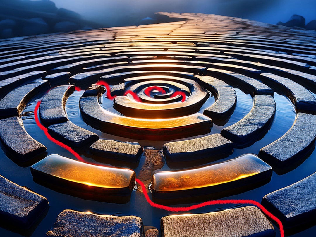 Ein Labyrinth mit einem Roten Faden der Ariadne, der Weg führt in die Mitte