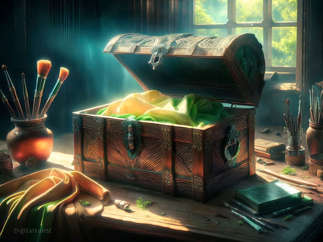 Eine geöffnete Schatztruhe mit Kunstmaterialien im Entdecker-Ambiente