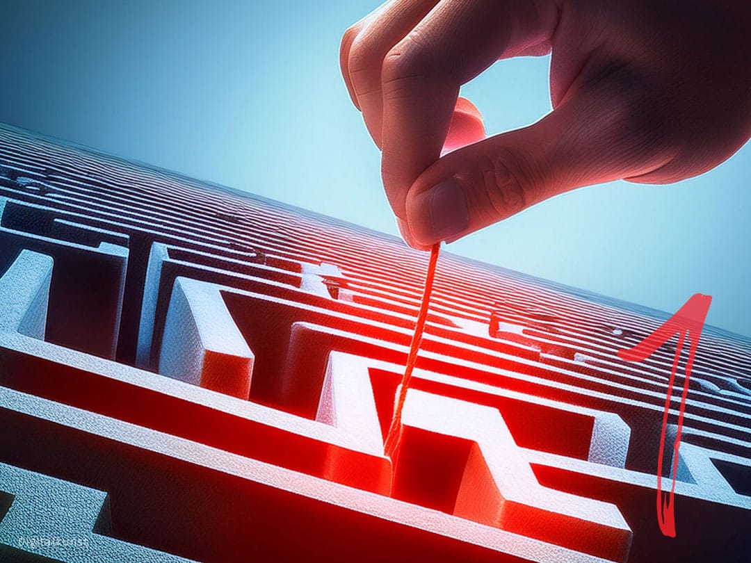 Ein Labyrinth mit einem Roten Faden der Ariadne, der Weg führt in die Mitte