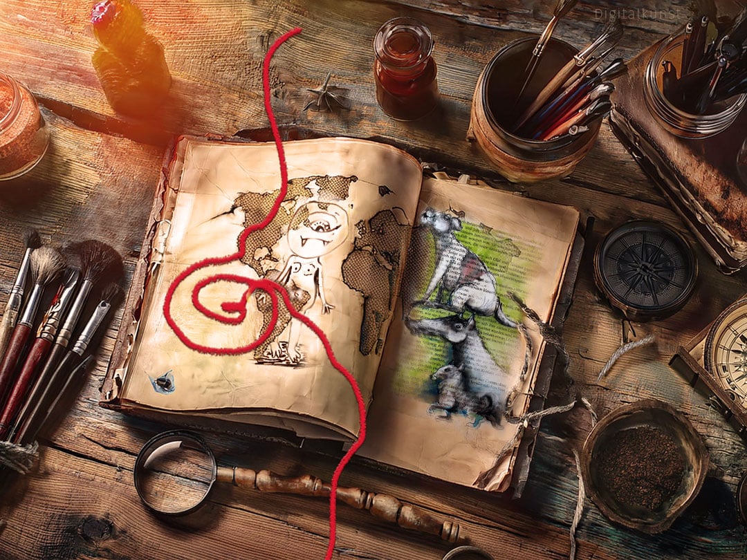 Eine geöffnete Schatztruhe mit Kunstmaterialien im Entdecker-Ambiente